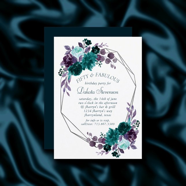 Moody Boho | Teal and Purple Roses Fabulous Fifty Invitation (Creator Uploaded)