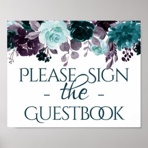Moody Boho   Teal and Purple Roses Guestbook Sign