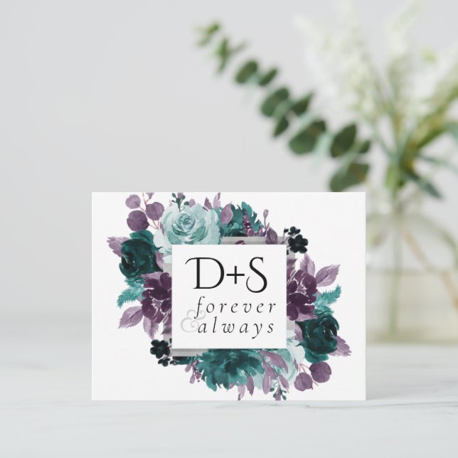 Moody Boho | Teal and Turquoise Dark Floral Wreath Announcement Postcard (Standing Front)