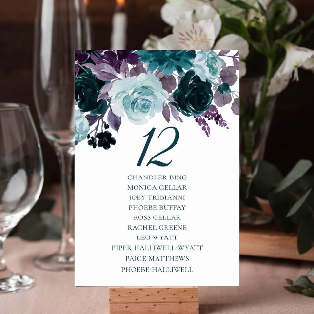 Moody Boho | Teal and Turquoise Floral Guest Name Table Number (Creator Uploaded)