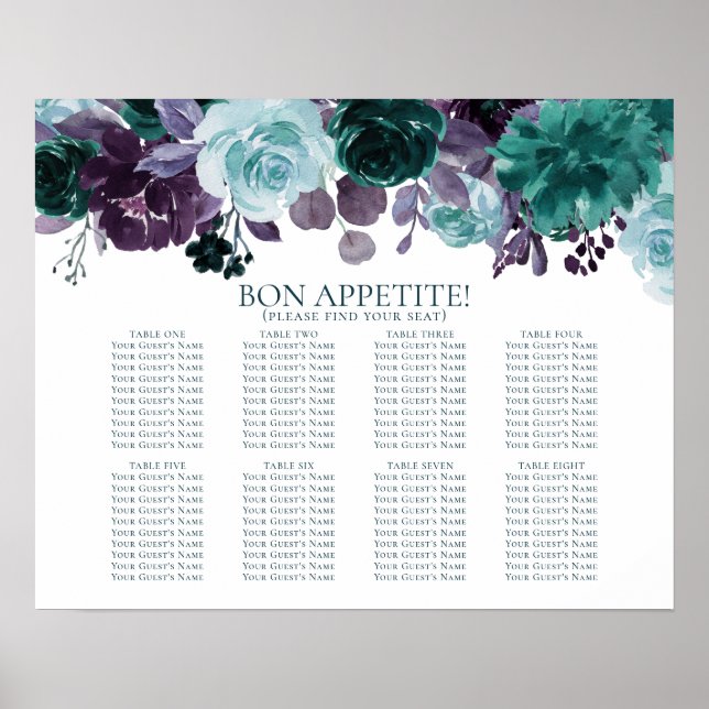 Moody Boho | Teal Floral Bouquets Seating Chart (Front)