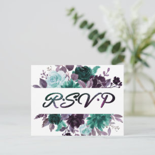 Moody Boho Teal Floral Garland Frame Entree RSVP Postcard