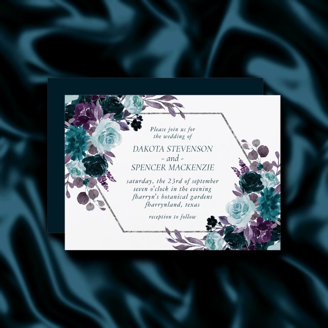 Moody Boho | Teal Floral Silver Frame Wedding Invitation (Creator Uploaded)