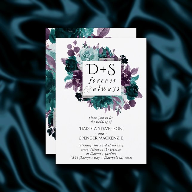 Moody Boho | Teal Floral Wreath Monogram Wedding Invitation (Creator Uploaded)
