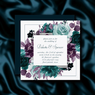 Moody Boho Teal Square Floral Wreath Wedding Invitation