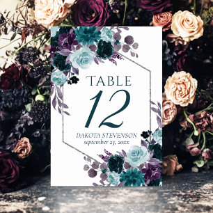 Moody Boho   Teal Turquoise Dark Floral Custom Table Number