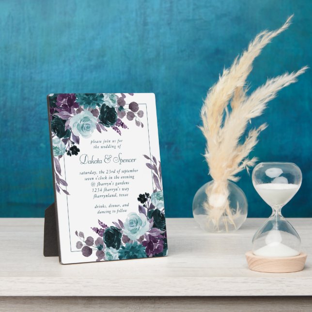 Moody Boho | Teal Turquoise Dark Floral Wedding Plaque (Side)