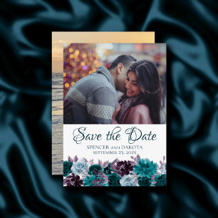 Moody Boho   Teal Turquoise Purple Floral 2 Photo Save The Date