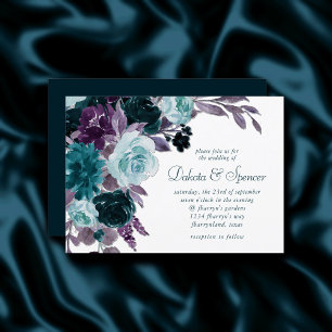 Moody Boho Teal Turquoise Purple Floral Bouquet Invitation