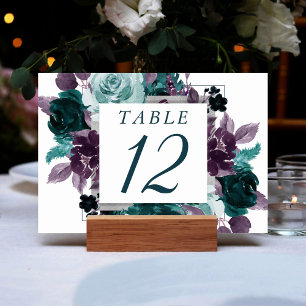 Moody Boho   Teal Turquoise Square Floral Wreath Table Number