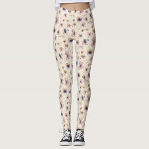 Moody Boho Watercolor Blush Wildflowers Pattern  Leggings