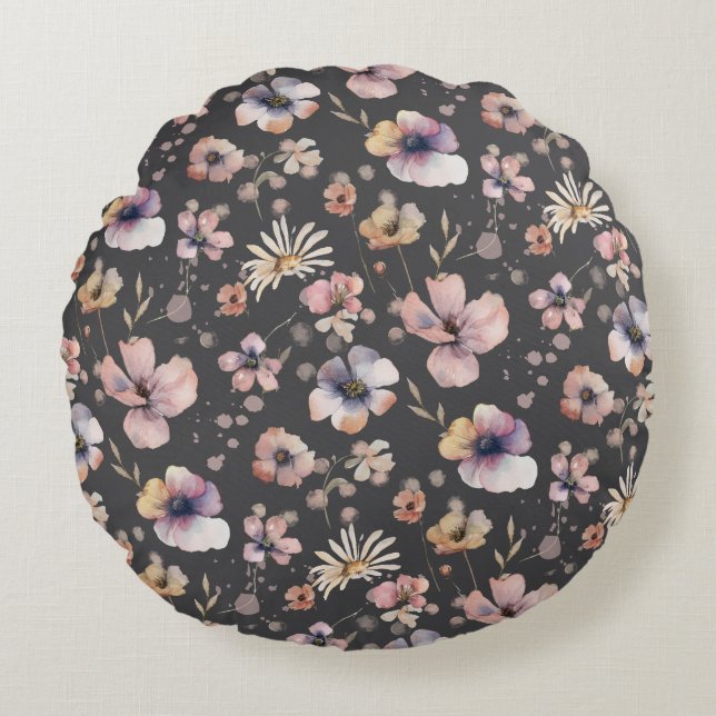 Moody Boho Watercolor Blush Wildflowers Pattern  Round Cushion (Front)