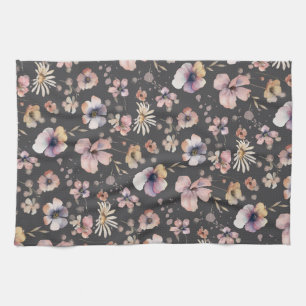 Moody Boho Watercolor Blush Wildflowers Pattern Tea Towel