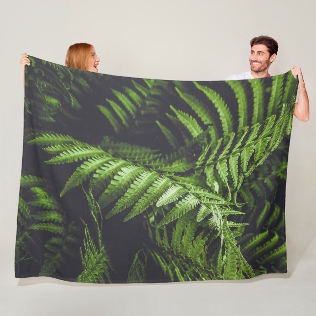 Moody Botanical Dark Green Fern Leaves Cozy Fleece Blanket (In Situ)