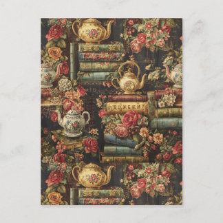 Moody Botanical floral Bookshelf & Teapot Postcard