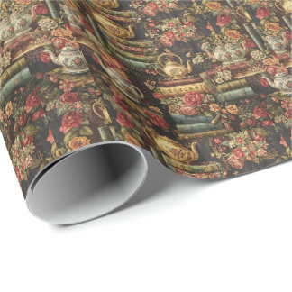 Moody Botanical floral Bookshelf & Teapot Wrapping Paper
