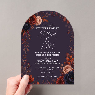 Moody Burgundy Arch Shape Floral Wedding Acrylic Invitations