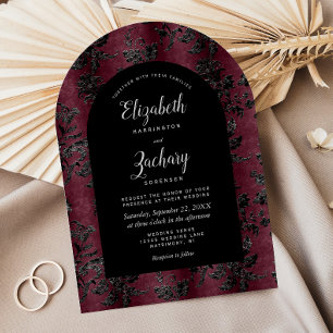 Moody Burgundy Black Damask Arch Dark Wedding Invitation