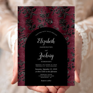 Moody Burgundy Black Damask Arch Dark Wedding Invitation