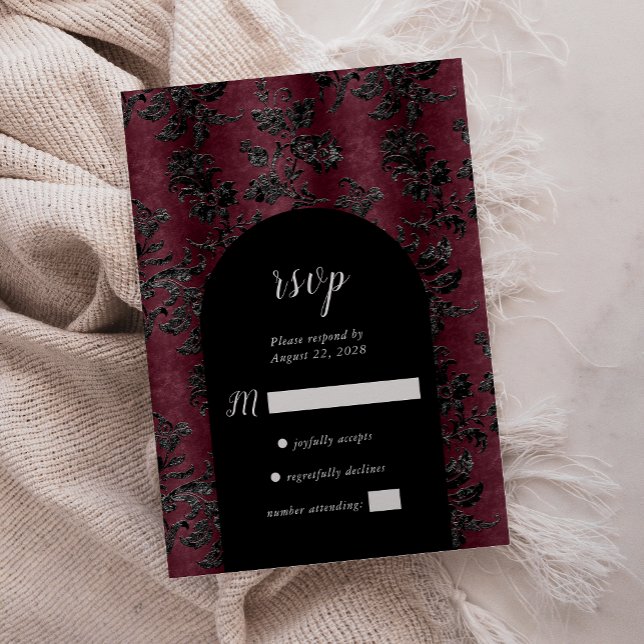 Moody Burgundy Black Damask Arch Wedding RSVP Card (Creator Uploaded)