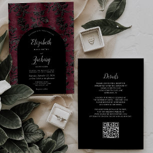 Moody Burgundy Black Damask QR Code Wedding Invitation