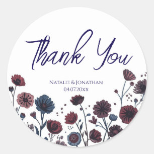 Moody Burgundy & Blue Floral Wedding Classic Round Sticker