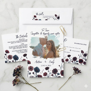 Moody Burgundy & Blue Floral Wedding Invitation