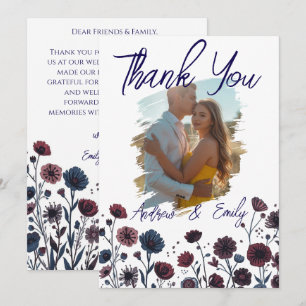 Moody Burgundy&Blue Floral Wedding Thank You Card