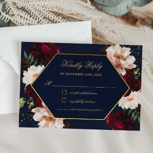 Moody Burgundy Blush Peonies Navy Floral Wedding RSVP Card