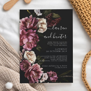 Moody Burgundy Blush Peony Script Wedding Invitation