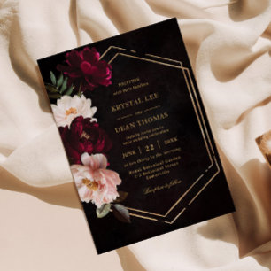 Moody Burgundy Blush Pink Floral Peonies Wedding Invitation