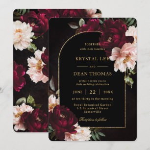 Moody Burgundy Blush Pink Peonies Floral Wedding Invitation