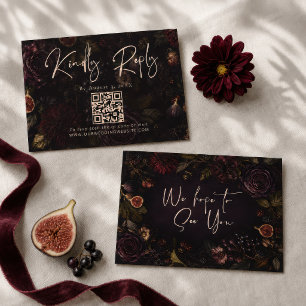 Moody Burgundy Botanical Floral QR Code RSVP Card