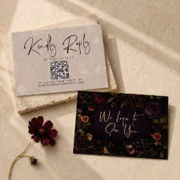Moody Burgundy Botanical Floral QR Code RSVP Card