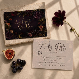 Moody Burgundy Botanical Floral Wedding RSVP Card