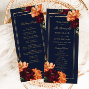 Moody Burgundy Burnt Orange Navy Floral Wedding Programme
