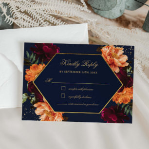 Moody Burgundy Burnt Orange Navy Floral Wedding RSVP Card