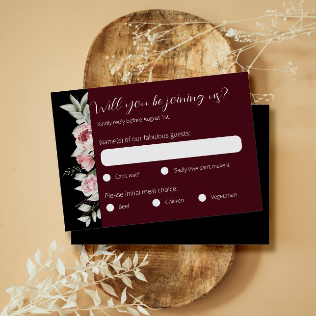 Moody  Burgundy Dark Floral Wedding RSVP Card (Creator Uploaded)