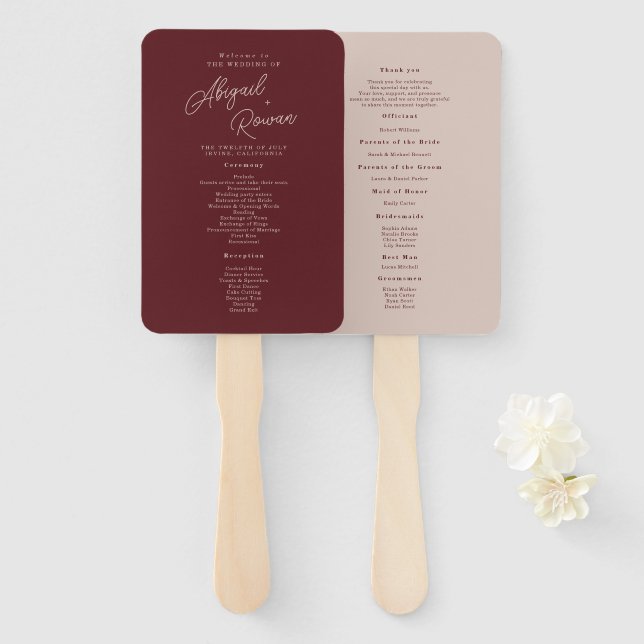 Moody Burgundy Dusty Rose Minimal Program Hand Fan (Front and Back)