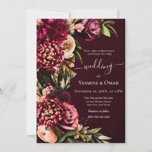 Moody Burgundy Elegant Floral with QR code Wedding Invitation