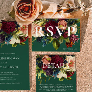 Moody Burgundy Emerald Winter Floral Wedding RSVP Card
