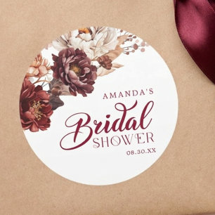 Moody Burgundy Floral Fall Bridal Shower Classic Round Sticker