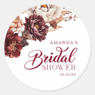 Moody Burgundy Floral Fall Bridal Shower Classic Round Sticker