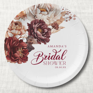 Moody Burgundy Floral Fall Bridal Shower Paper Plate