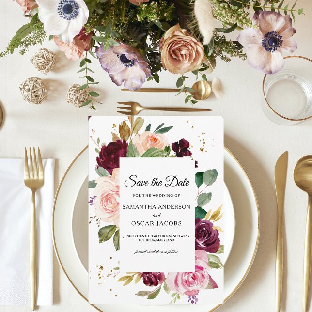 Moody Burgundy Floral | Rustic Watercolor Save The Date (Creator Uploaded)