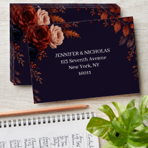 Moody Burgundy Floral Wedding RSVP Return Address Envelope