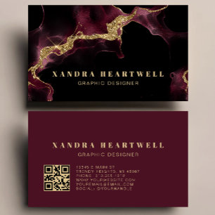 Moody Burgundy Gold Glitter Ink Abstract QR Code Business Card