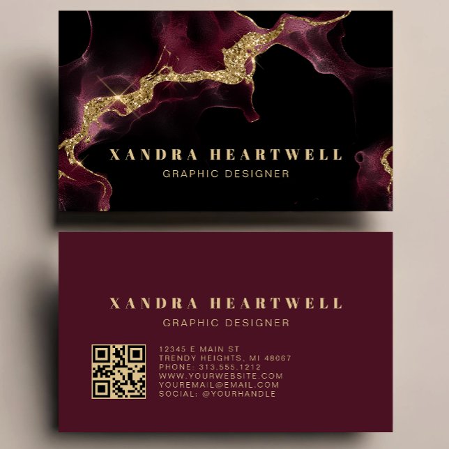Moody Burgundy Gold Glitter Ink Abstract QR Code Business Card (Creator Uploaded)