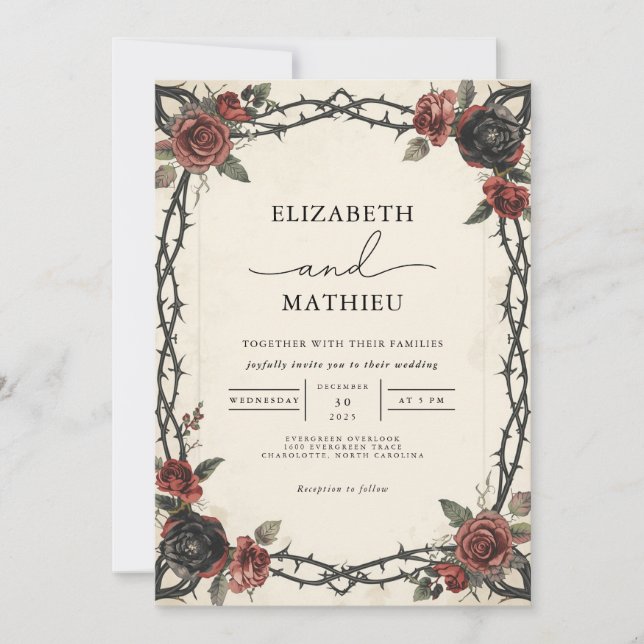 Moody Burgundy Gothic Floral Wedding Invitation (Front)