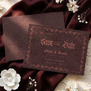 Moody Burgundy Gothic Rose Vintage Save the Date Invitation